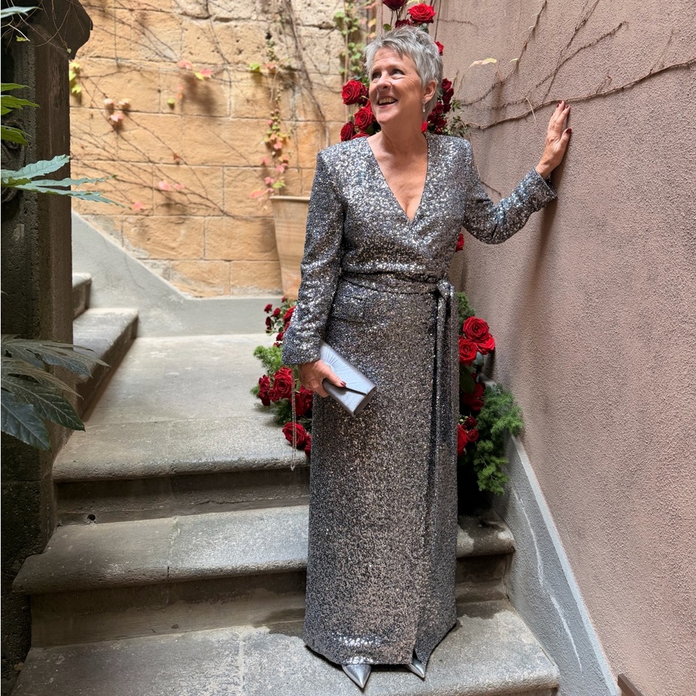 Badgley Mischka Silver Long Sleeve formal Dress